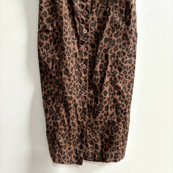 Evereve Level 99 Linen Dress Women's L Brown Cheetah Print Button Front Stretch - Picture 5 of 12
